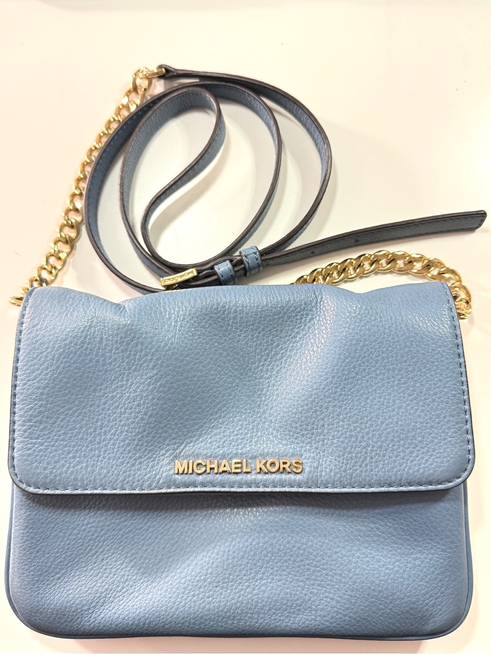 Michael Kors Light Blue Leather Crossbody with Gold Chain